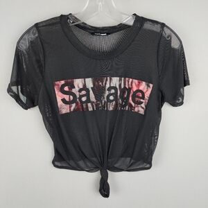 Fashion Nova Savage Black Crop Tie-Front Short Sleeve Tee Sz M